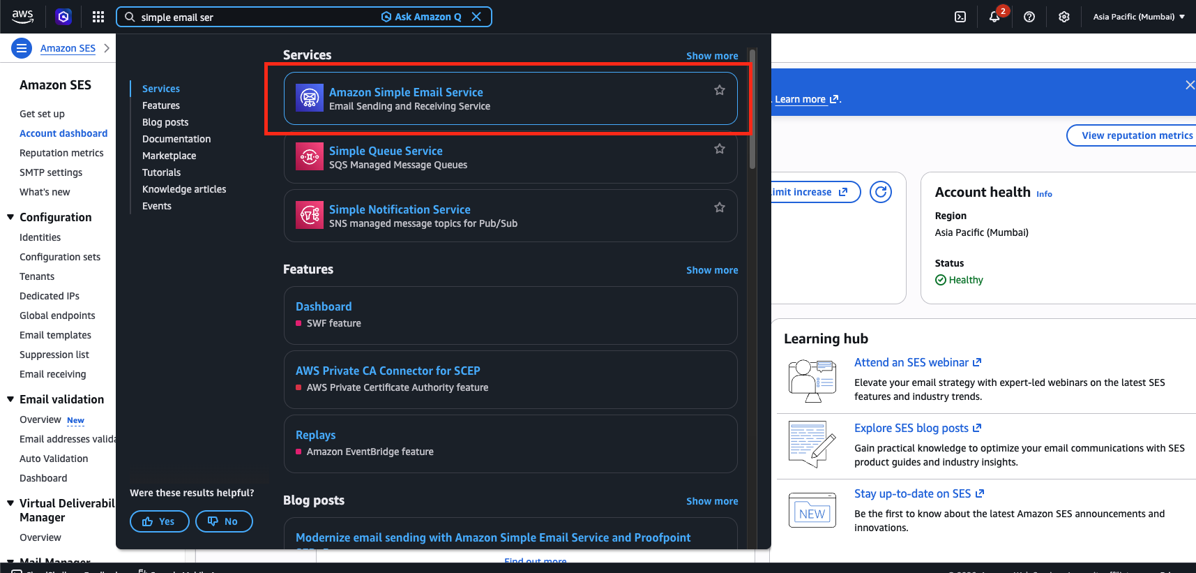 AWS Console search bar with "Simple Email Service" typed in, showing SES in the results