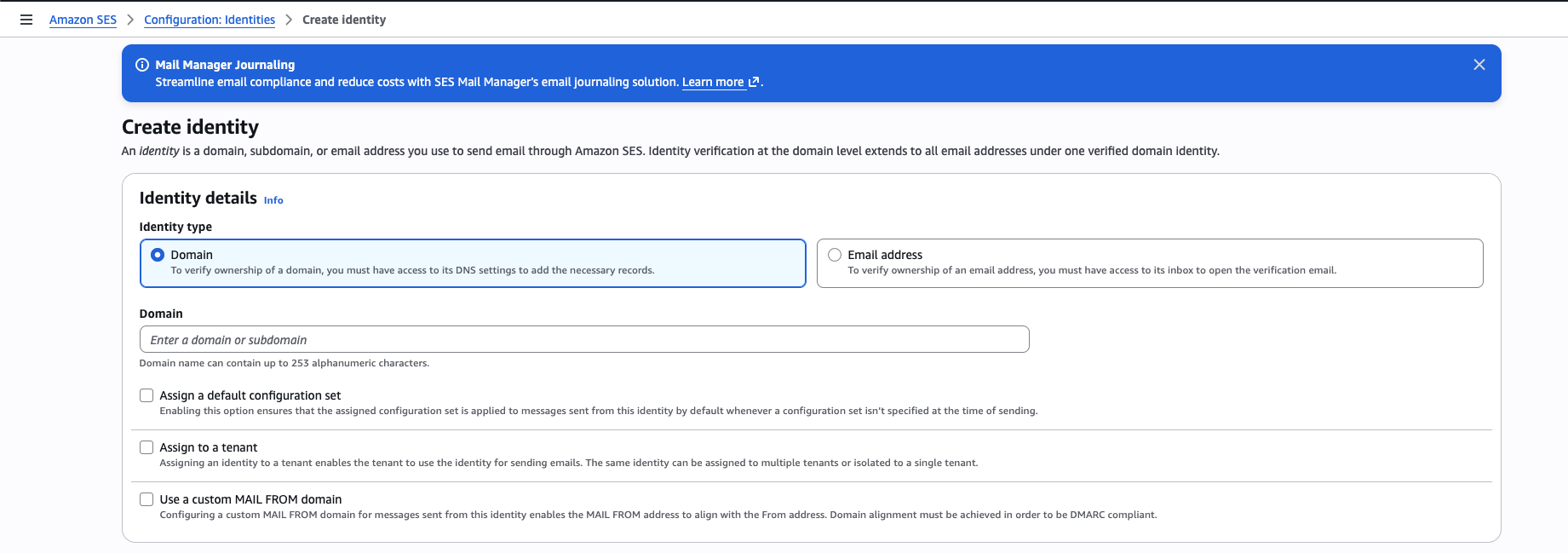 SES Create Identity screen showing the Domain option selected with a domain input field