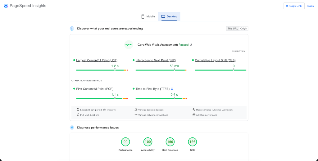 A Google PageSpeed Insights report screenshot showing a website passing the Core Web Vitals assessment with high performance, accessibility, and SEO scores.
