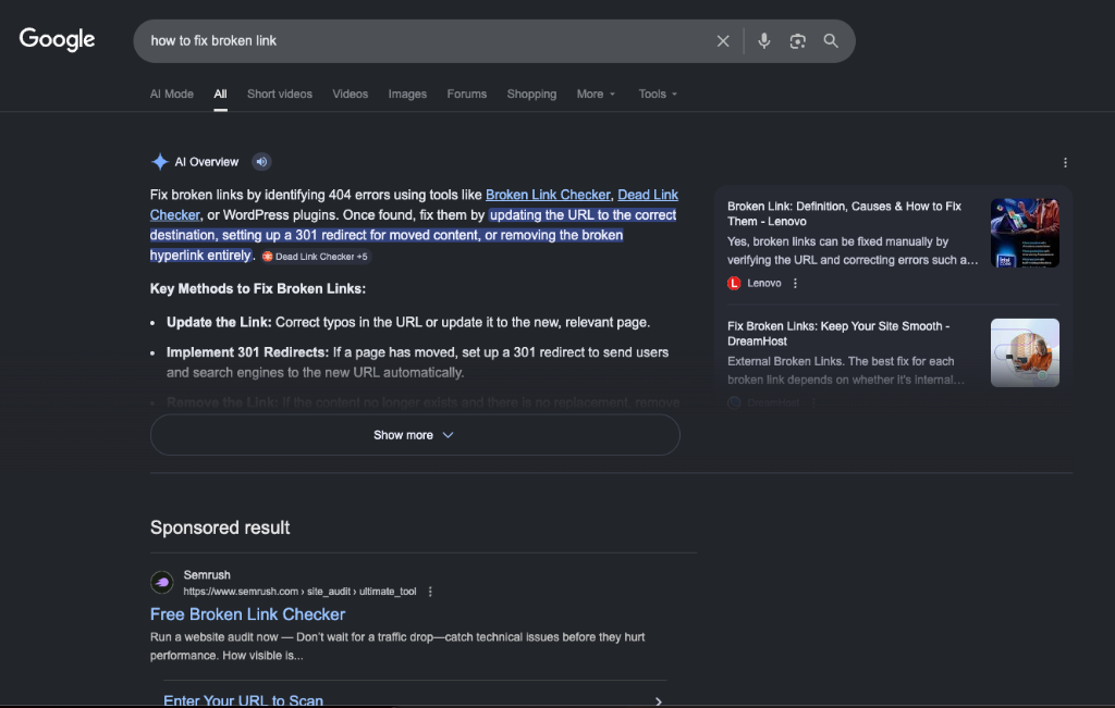 A Google search result for "how to fix broken link" showing a large AI Overview summary that provides the answer directly on the SERP, potentially intercepting traffic from blog posts.