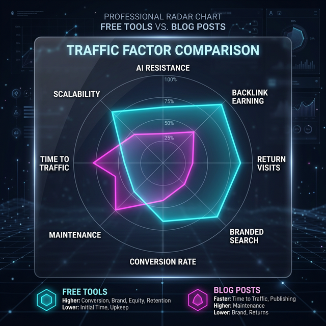 A radar chart comparing Free Tools and Blog Posts across eight traffic factors: AI resistance, backlink earning, return visits, branded search, conversion rate, maintenance, time to traffic, and scalability. Free tools score higher on six of eight dimensions.