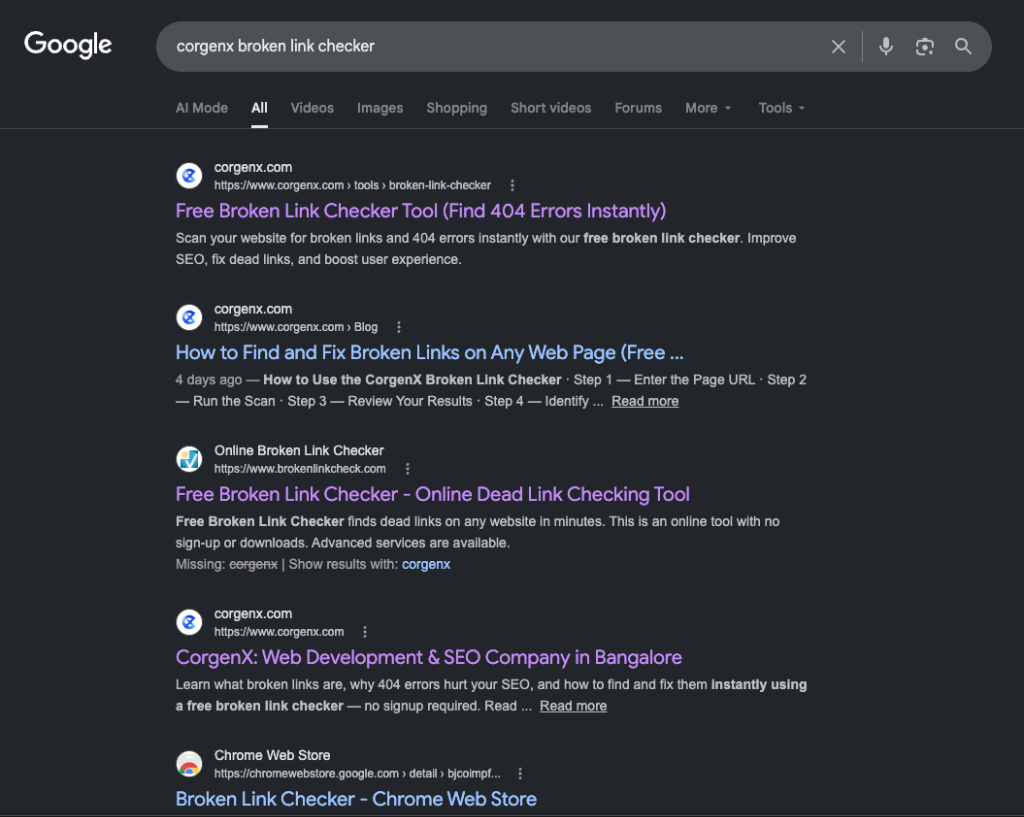 A Google search result for "corgenx broken link checker" showing direct, functional links to the tool. Unlike the informational search above, this query leads directly to a utility that AI cannot summarise.