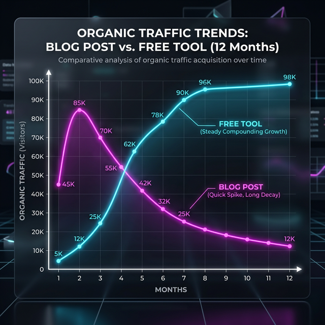 A side-by-side traffic comparison showing a blog post's traffic curve (initial spike followed by gradual decline) versus a free tool's traffic curve (slower start followed by sustained, compounding growth over 12 months).