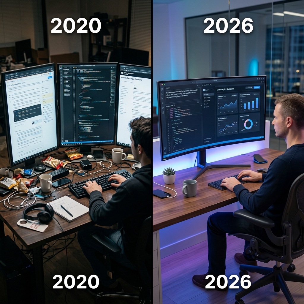 A high-quality, cinematic split-screen comparison: Left side (2020) shows a messy developer desk with 3 monitors; Right side (2026) shows a clean, modern desk with a single monitor and an AI-integrated editor.