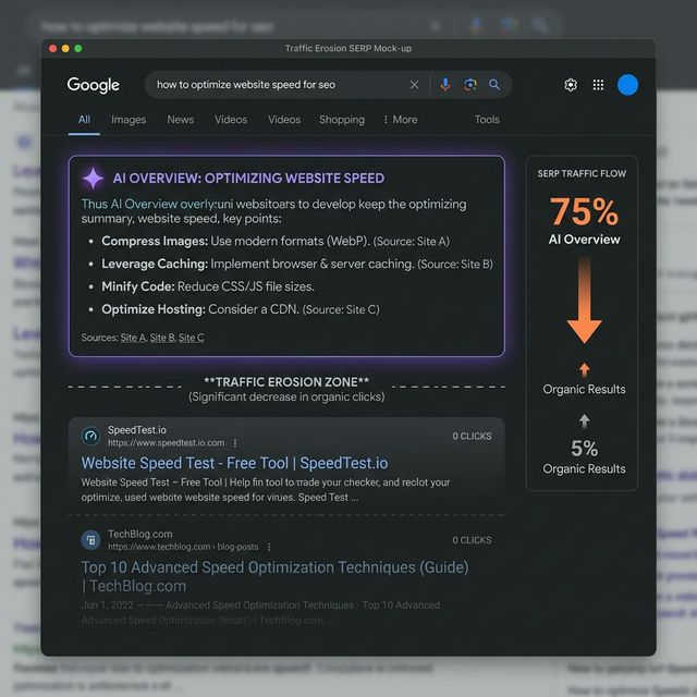 The 2026 Search Reality: A mock-up of a Google SERP showing an AI Overview at the top, a "Free Tool" result in the middle, and a standard blog post below it to illustrate "Traffic Erosion."