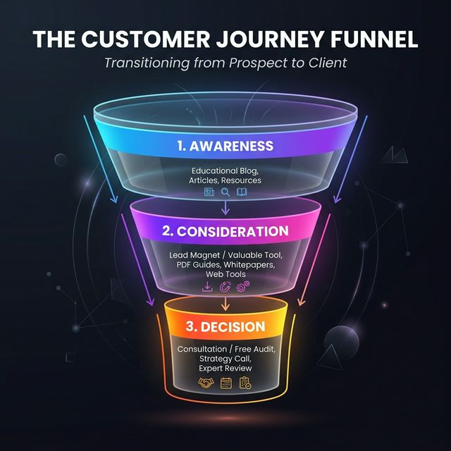 The Buyer's Journey Funnel: A funnel diagram showing the transition from Awareness (Educational Blog) → Consideration (Lead Magnet/Tool) → Decision (Consultation/Audit).
