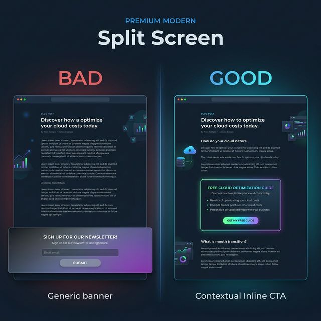 CTA Visual Comparison: A "Split Screen" style image showing a "Bad" generic footer CTA versus a "Good" Contextual Inline CTA box.