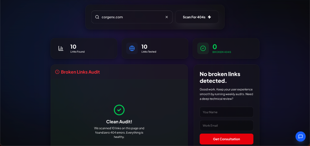 A clean audit result showing 10 links tested and zero broken 404s found on the target page.