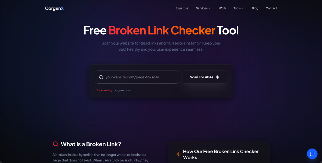 The CorgenX Broken Link Checker tool provides a clean, professional interface to audit any URL for 404 errors instantly.