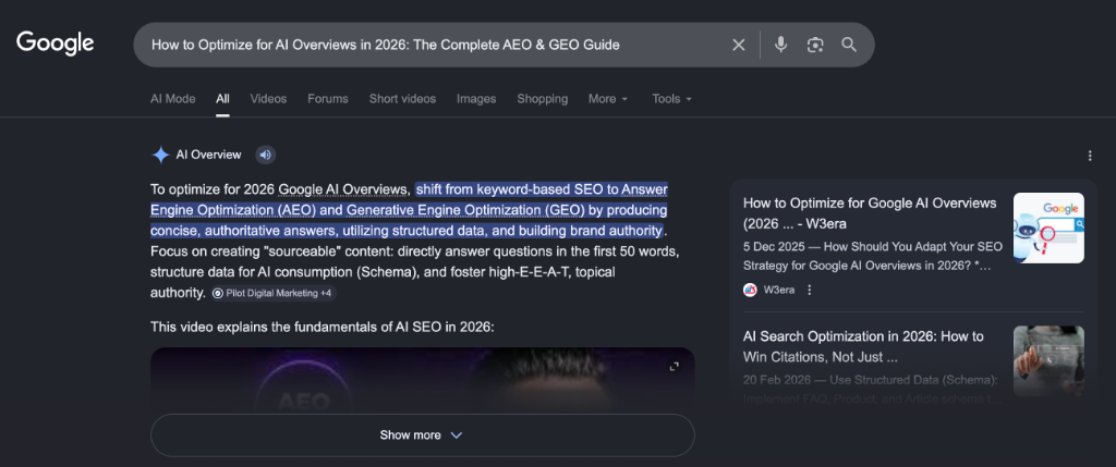 A screenshot of a Google search result showing an AI Overview for the query "How to Optimize for AI Overviews in 2026", illustrating the citation model and direct answer interface.