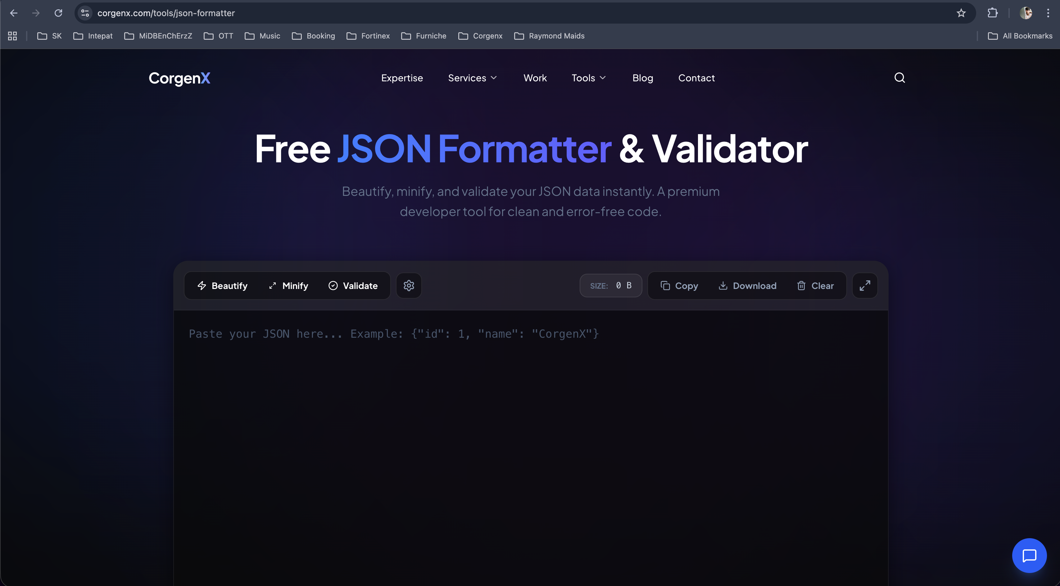 The CorgenX JSON Formatter tool with a clean dark interface showing Beautify, Minify, and Validate options.