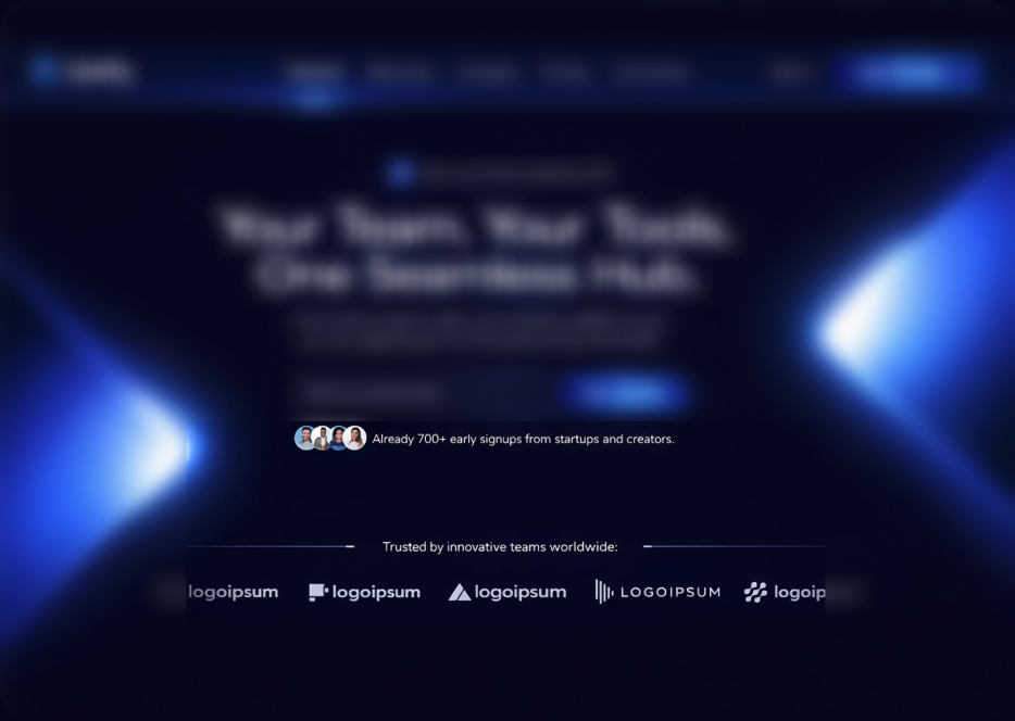 SaaS landing page showing social proof with user avatars, '700+ early signups' count, and a row of five company logo placeholders under the label 'Trusted by innovative teams worldwide'